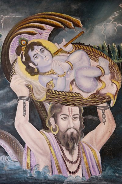 Schilderij in Gokul: Krishna als baby gedragen over de Yamuna-rivier door Vasudeva, India door Unbekannt