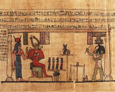 Papyrus uit het Eerste Boek van Ademhaling van Ousirour, Thoth weegt de ziel van Ousirour voor Isis en Osiris door Alec Hunter