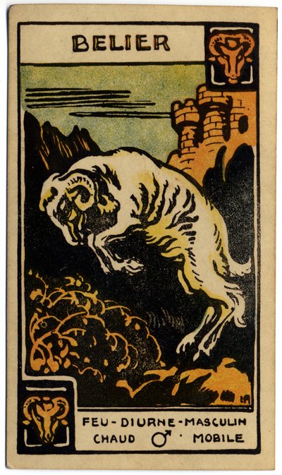 Paranormaal. Astrologie. Ram (de Ram). Astrologische kaart uit: Le Tarot Astrologique, door Georges Muchery, Frankrijk door Unbekannter Künstler