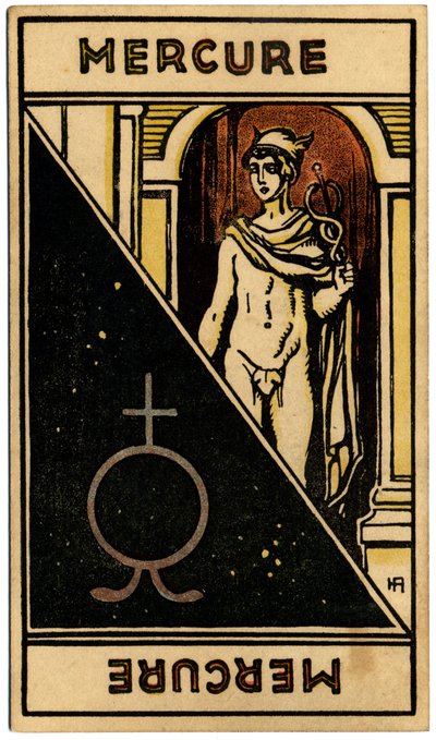 Paranormaal. Astrologie. Mercurius (planeet). Astrologische kaart uit: Le Tarot Astrologique, door Georges Muchery, Frankrijk door Unbekannter Künstler