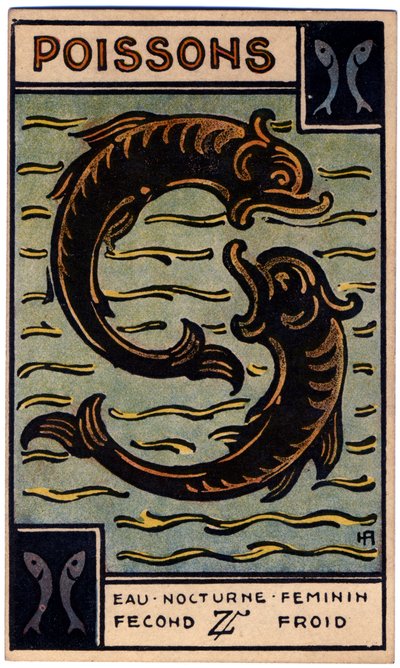 Paranormaal. Astrologie. Vissen (de Vis). Astrologische kaart uit: Le Tarot Astrologique, door Georges Muchery, Frankrijk door Unbekannter Künstler