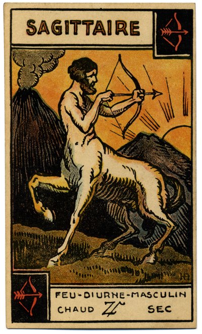 Paranormaal. Astrologie. Boogschutter (de Boogschutter). Astrologische kaart uit: Le Tarot Astrologique, door Georges Muchery, Frankrijk door Unbekannter Künstler