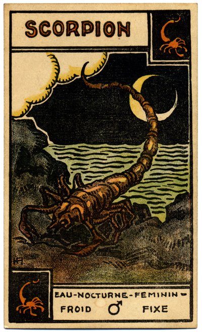 Paranormaal. Astrologie. Schorpioen (de Schorpioen). Astrologische kaart uit: Le Tarot Astrologique, door Georges Muchery, Frankrijk door Unbekannter Künstler