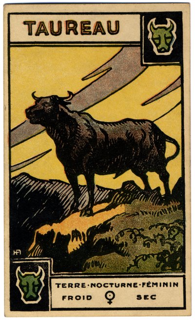 Paranormaal. Astrologie. Stier (de Stier). Astrologische kaart uit: Le Tarot Astrologique, door Georges Muchery, Frankrijk door Unbekannter Künstler