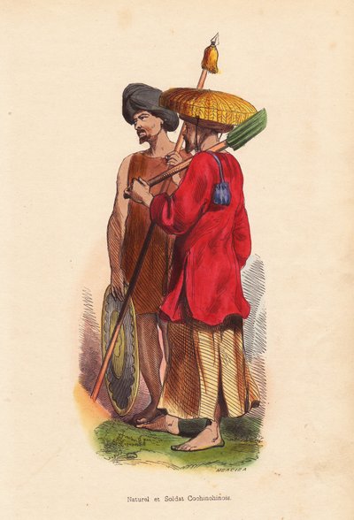 Boer en soldaat uit Cochinchina (Vietnam) - Mannen uit Vietnam (Cochinchina): soldaat met tulband, schild en speer, en boer met strohoed, tuniek en schop - Handgekleurde houtsnede door Mercier uit “Moeurs, Uses et Costumes de tous les Peuples du Monde, As door Unbekannter Künstler