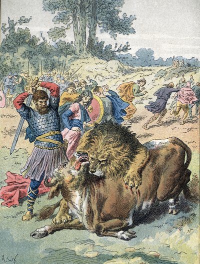 Pepijn de Korte vecht tegen een leeuw en een stier op het Champ de Mars om zijn moed te bewijzen (751) door Unbekannter Künstler