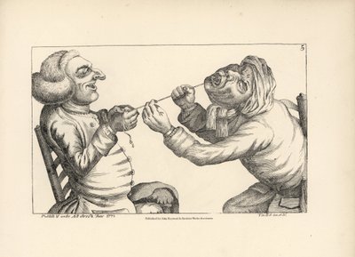 Arts lachend terwijl hij een tand van een patiënt trekt met een touwtje. Kopergravure naar een satirische illustratie van Timothy Bobbin (John Collier) (1708-1786) uit 