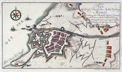 Plan van Memel (het huidige Klaipeda, Litouwen), tijdens de overgave van de stad, 27 juni tot 5 juli 1757. Kleurgravure uit 1764 door Unbekannter Künstler