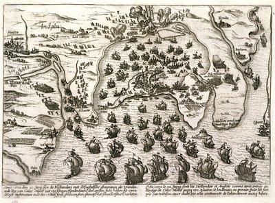 Plan van de haven van Cadiz in 1596 ten tijde van de aanval door Sir Walter Raleigh door Unbekannter Künstler