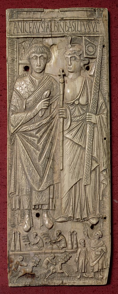 Plaquette die Basiliscus, keizer van het Oosten (gestorven 478) afbeeldt met een wagenrace eronder, Romeins, 480 na Christus door Unbekannt