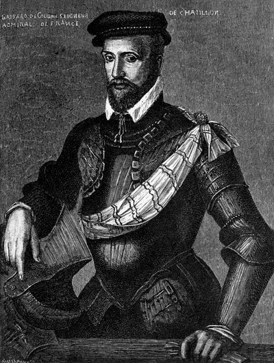 Portret van Gaspard de Coligny, Seigneur de Chatillon, Frans edelman, admiraal en Hugenotenleider in de Franse Godsdienstoorlogen, gravure door William M. Timlin