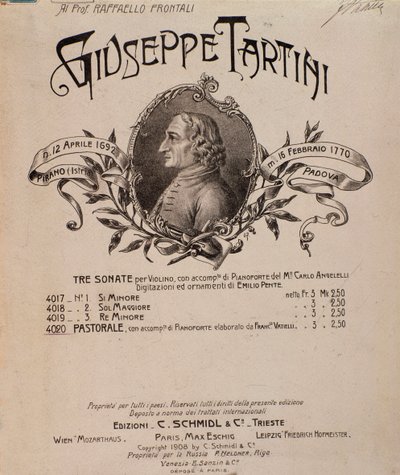 Portret van Giuseppe Tartini. Frontispice van muziekpartituur van Sonates door Unbekannter Künstler