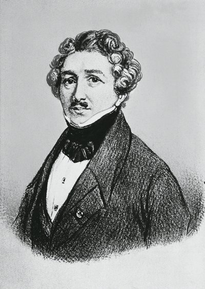 Portret van Louis-Jacques-Mandé Daguerre, Franse kunstenaar, natuurkundige en chemicus, erkend voor zijn uitvinding van het daguerreotypieproces van fotografie door William M. Timlin