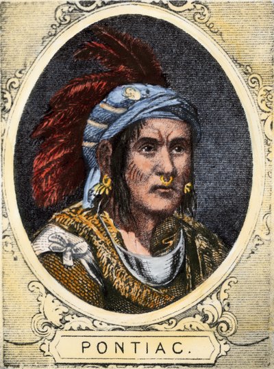 Portret van Pontiac (of Obwandiyag, ca. 1714-1769), hoofd van de Indianenstam van de Outaouais Indianen van Detroit (Ottawa Natie). Kleurgravure uit de 19e eeuw. door Unbekannter Künstler