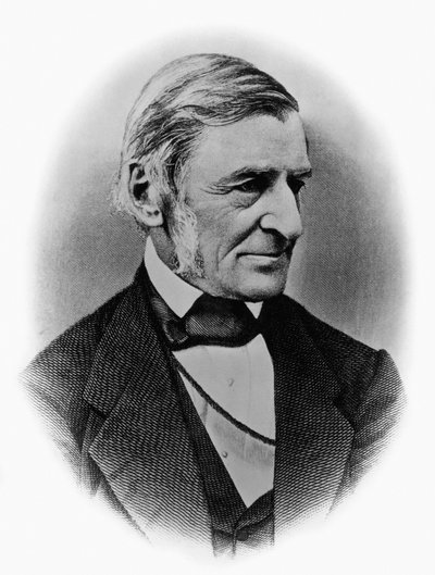 Portret van Ralph Waldo Emerson, Amerikaanse filosoof, dichter, schrijver, essayist en een van de oprichters van de Transcendentalistische beweging, gravure naar foto door William M. Timlin