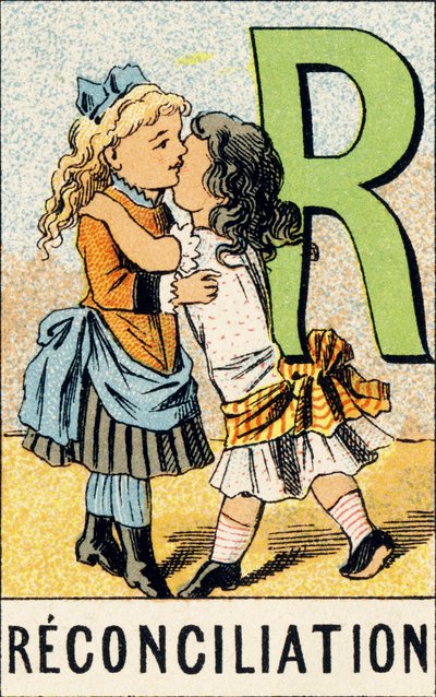 R : Verzoening - Gravure uit ABCD van kleine meisjes. Pellerin & Cie, drukker-uitgever, Epinal, circa 1890. Serie A. Afmetingen: 19 x 13,5 cm door Unbekannt