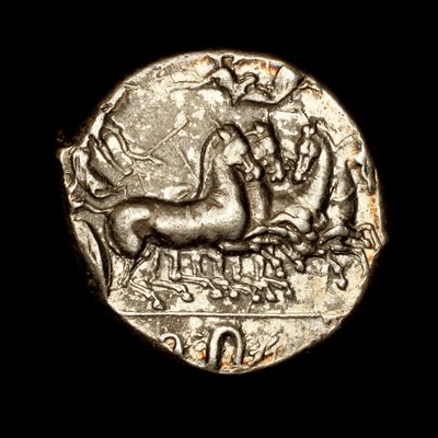 Zeldzame oude Griekse munt, Syracuse, zilveren tetradrachme, Nike kroont de winnende wagenmenner met een lauwerkrans ca. 450 v.Chr. door Unbekannter Künstler