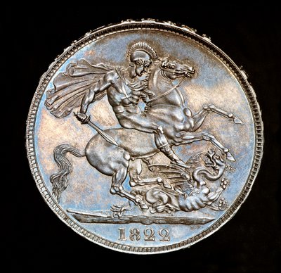 Zeldzame Britse munt, Koning George IV, proef zilveren kroon, patroonheilige van Engeland te paard met zwaard op het punt om de draak te doden, stempels door Benedetto Pistrucci door Unbekannter Künstler