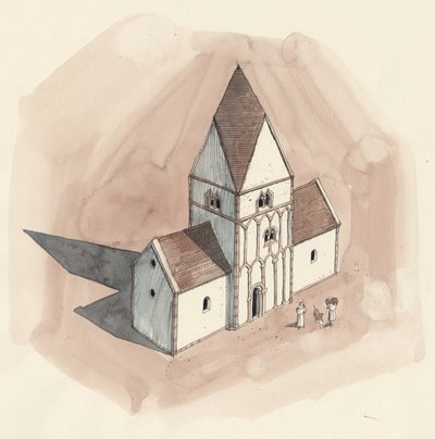 Reconstructietekening van de Sint-Pieterskerk tijdens de Angelsaksische periode, Wales, Liam (20e eeuw) door Unbekannter Künstler