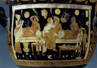 Rood en wit figuur calyx krater: detail van banketscène (detail) door Unbekannt