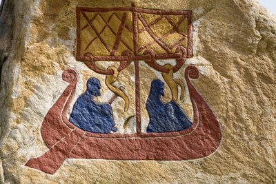 Registratie en weergave van een drakkar (Vikingschip) Viking Rune. Viking Museum, Bork aan Ringkøbing Fjord, Denemarken door Unbekannter Künstler