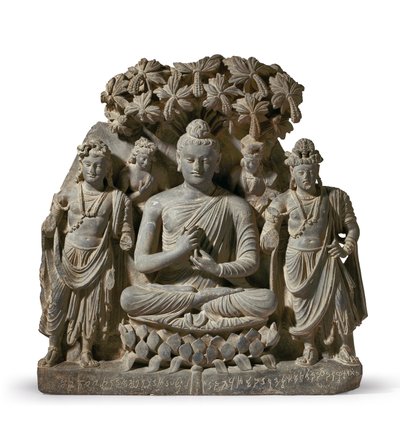 Relief Triade van Boeddha Shakyamuni met Bodhisattva