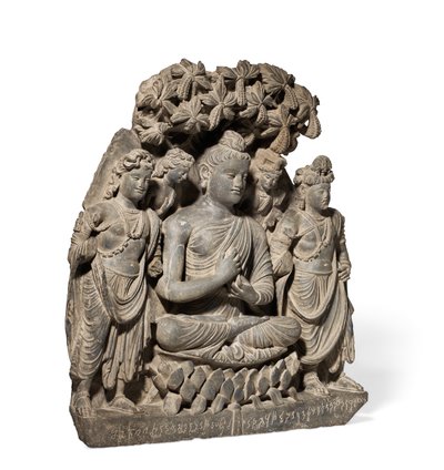 Relief Triade van Boeddha Shakyamuni met Bodhisattva