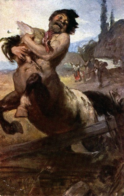 Religie. Griekse mythologie. Een dief centaur. Illustratie door Gyula Benczur, Hongarije, ca. 1910 Coll. Part. (ansichtkaart) door Unbekannter Künstler