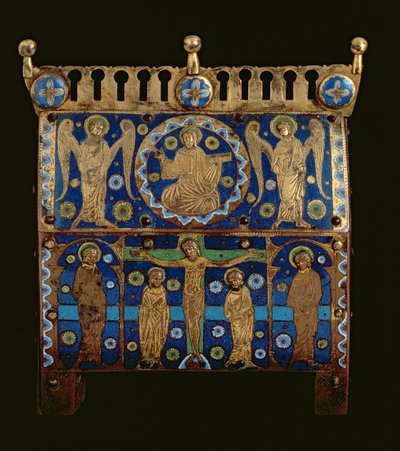 Reliekschrijn, versierd met emailleplaten die de Kruisiging en de Apotheose van Christus afbeelden, Frans, gemaakt in Limoges door Unbekannt