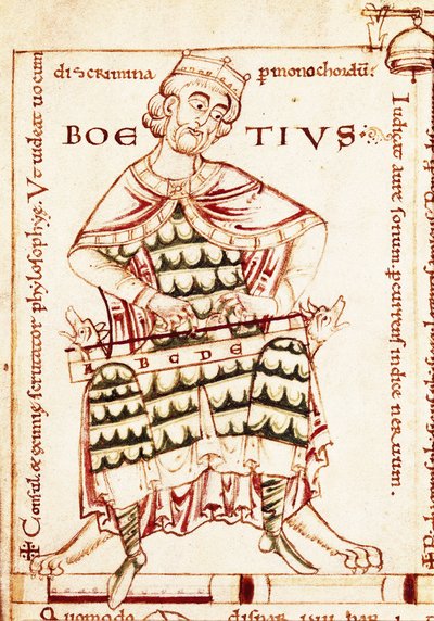 Afbeelding van de Latijnse filosoof Boece (Anicius Manlius Severinus Boetius of Boethius) (480-524) met een muziekinstrument (muzikale studie). Miniatuur uit een Canterbury-manuscript. door Unbekannt