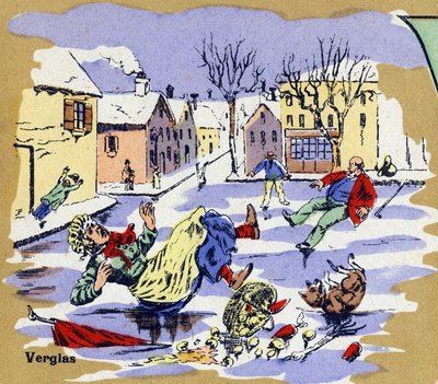 Inwoners van een dorp glijden op ijs in de winter. Geïllustreerd alfabet. Beelden verzameld in Jarville-Nancy, begin 20e eeuw. door Unbekannt