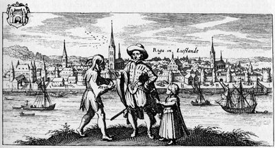 Riga - uitzicht op de stad aan de oever van de rivier Daugava, ca. 1700 door Unbekannter Künstler