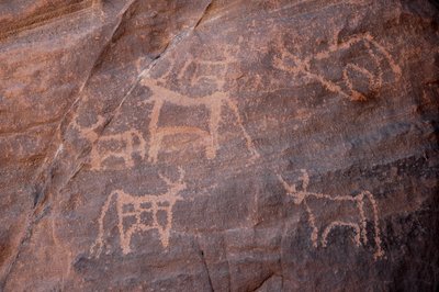 Rotstekeningen, Prehistorie: Gravure van een groep vee, waarvan één linksonder, in het Uweinat-massief, Egypte. Fotografie door Unbekannt