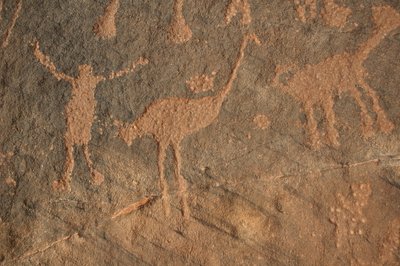 Rotstekeningen, Prehistorie: Gravure van een figuur en struisvogels in het Uweinat-massief, Soedan (Karkur-Talh of Karkur Talh). Periode van 8000 tot 3000 jaar v.Chr. Fotografie door Unbekannt