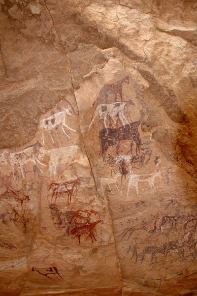 Rotstekeningen, Prehistorie: Rotsschildering van een groep vee en figuren in een versierd onderkomen, in het Uweinat-massief, Soedan. Fotografie door Unbekannt