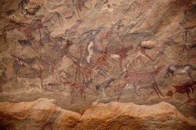 Rotstekeningen, Prehistorie: Rotsschildering van een groep runderen en polychrome personages in een versierd onderkomen, in het Uweinat-massief, Soedan. Periode van 8000 tot 3000 jaar v.Chr. Fotografie door Unbekannt