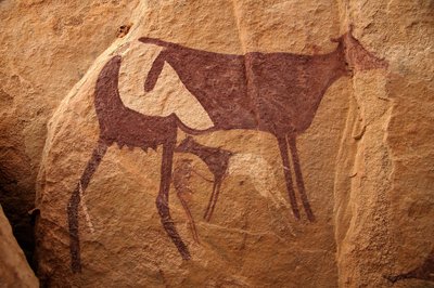 Rotstekeningen, Prehistorie: Rotsschildering van een grote tweekleurige koe en haar kalf in een versierd onderkomen, in het Uweinat-massief, Soedan. Periode van 8000 tot 3000 jaar v.Chr. Fotografie door Unbekannt