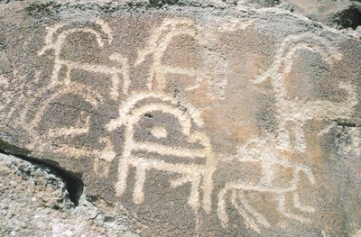 Rotstekeningen in de Hunza-vallei, nabij het archeologische gebied Karimabad, Pakistan door Benjamin Baud