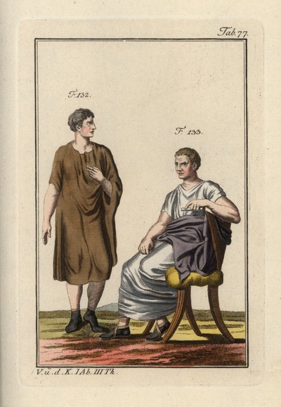 Romeinse man die de paenula draagt, en een zittende Romeinse senator. Handgekleurde kopergravure uit Robert von Spalart