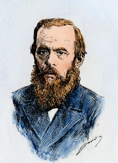 Russische romanschrijver Fjodor Dostojevski (1821-1881). Handgekleurde houtsnede van een 19e-eeuwse illustratie door Unbekannter Künstler