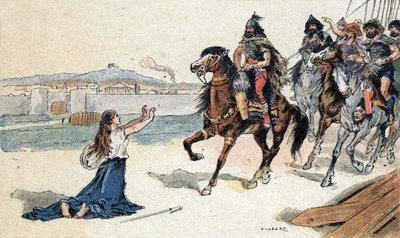 Sint Genevieve (422-502) voor de koning van de Hunnen Attila - Barbarische invasies - Illustratie door Camille Gilbert uit 1890 (gravure) door Unbekannt