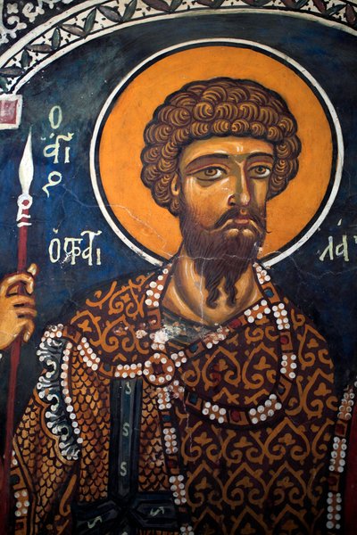 Sint Theodoor Statelates: Byzantijnse fresco uit de 14e eeuw (1332) Phorbiotissa Maagd kerk, Asinou Cyprus Geschilderde kerken UNESCO site Troodos, Cyprus door Unbekannt