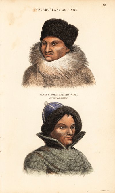 Sami-mensen of Lappen. Jannes Holm in bontmuts en kraag, en zijn vrouw in bontmuts, Noorse Laplanders. Hyperboreeërs of Finnen. door Unbekannter Künstler
