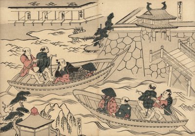 Samurai die de rivier oversteekt (bij Akasaka Mitsuke) in een boot op weg naar de plezierwijken van Yoshiwara. Houtsnede door Masanobu Okumura (1686-1764) uit Fuzoku Emakimono, Beeldrol van de Waterhandel, Tokio, herdruk circa 1880. door Unbekannter Künstler