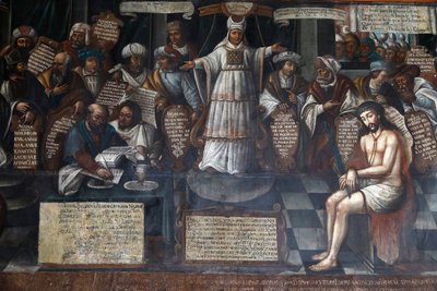 San Francisco museum en klooster, Quito, Ecuador. Schilderij dat het proces van Jezus toont (fotografie) door Unbekannter Künstler