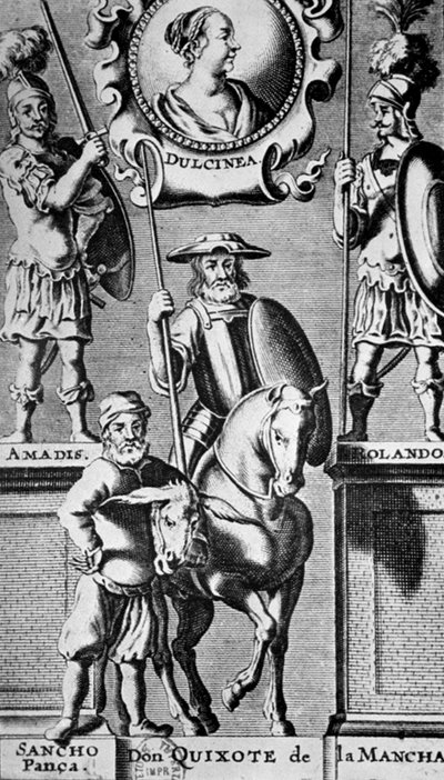 Sancho Panza en Don Quichot, onder portret van Dulcinea (naar Miguel de Cervantes) door Unbekannter Künstler