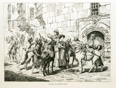 Satirische tekening die westerse toeristen omringd door ezels en hun drijvers afbeeldt - Illustratie uit de Atlas van Egypte door Unbekannt
