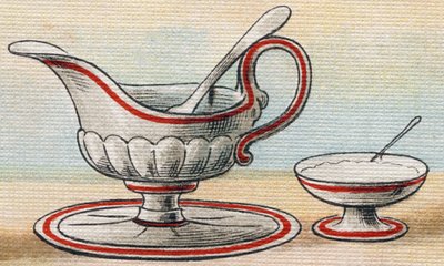 Saus en suikerpot. Gravure in "Alfabet van mijn kleine meisje". Bernardin-Bechet en Fils, boekhandel-uitgevers, Parijs, circa 1895. door Unbekannt