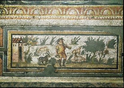 Scène van een geitenhoeder met zijn geiten, detail van de rand van een mozaïekvloer die de seizoenen en jachtscènes afbeeldt, uit de Constantijnse Villa in Daphne, Romeins, ca. 325-330 n.Chr. (marmer, kalksteen en glas) door Unbekannt