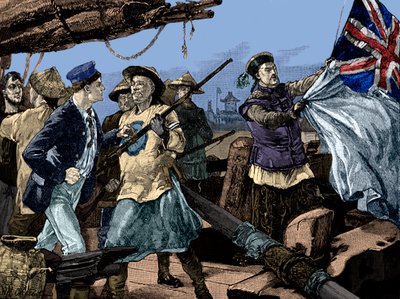 Tweede Opiumoorlog: Chinese ambtenaren halen Britse vlag neer op schip de Arrow door Unbekannter Künstler